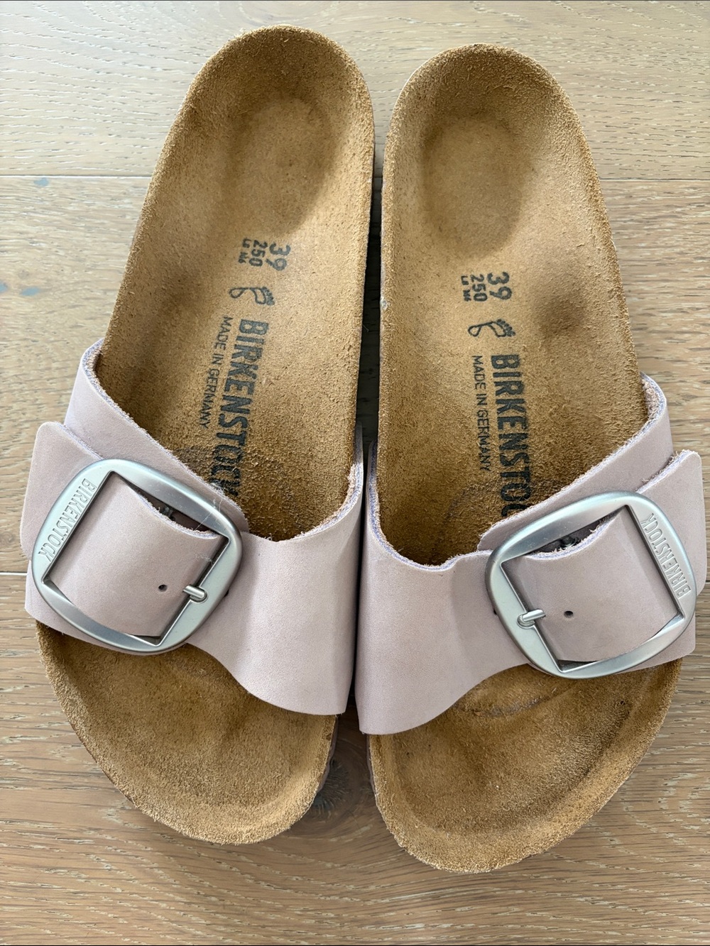 Birkenstock Madrid Soft Pink One Strap Slide Sandals with Silver Buckle, 39 /8.5